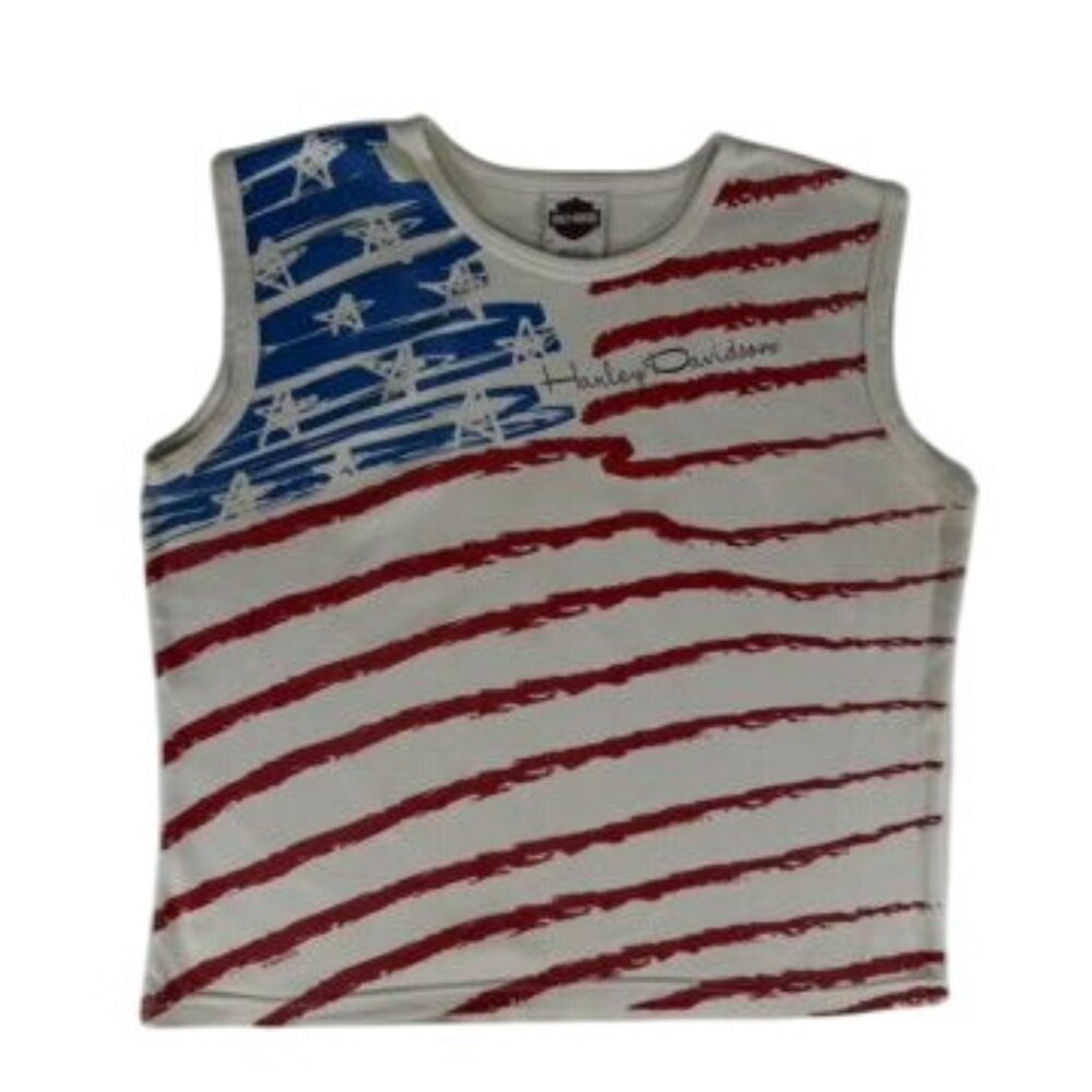 Vtg HARLEY DAVIDSON American Flag Womens Crop Tank Top Shirt Red White Blue XL